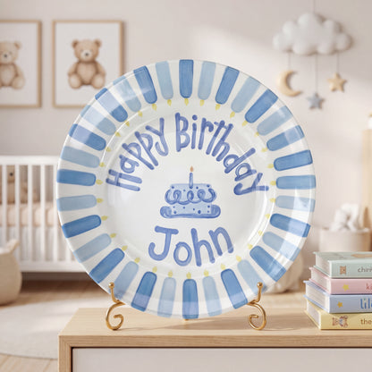 Personalized Birthday Plate – Blue Cake & Stripe Design | B032