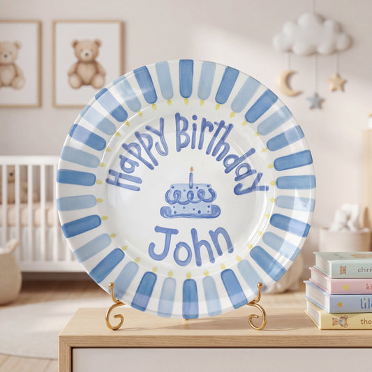 Personalized Birthday Plate – Blue Cake & Stripe Design | B032