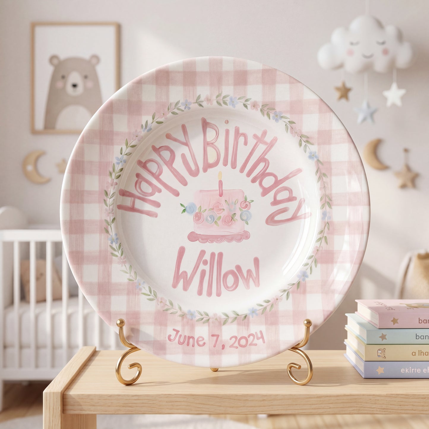 Personalized Birthday Plate – Pink Gingham Floral Wreath & Cake Design | B065
