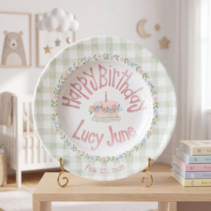 Personalized Birthday Plate – Green Gingham Floral Wreath & Cake Design | B064