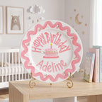 Custom Name Birthday Plate – Pink Wavy Ribbon & Rose Cake Design | B062