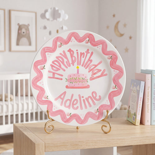 Personalized Birthday Plate – Pink Scallop Border & Cake Design | B062