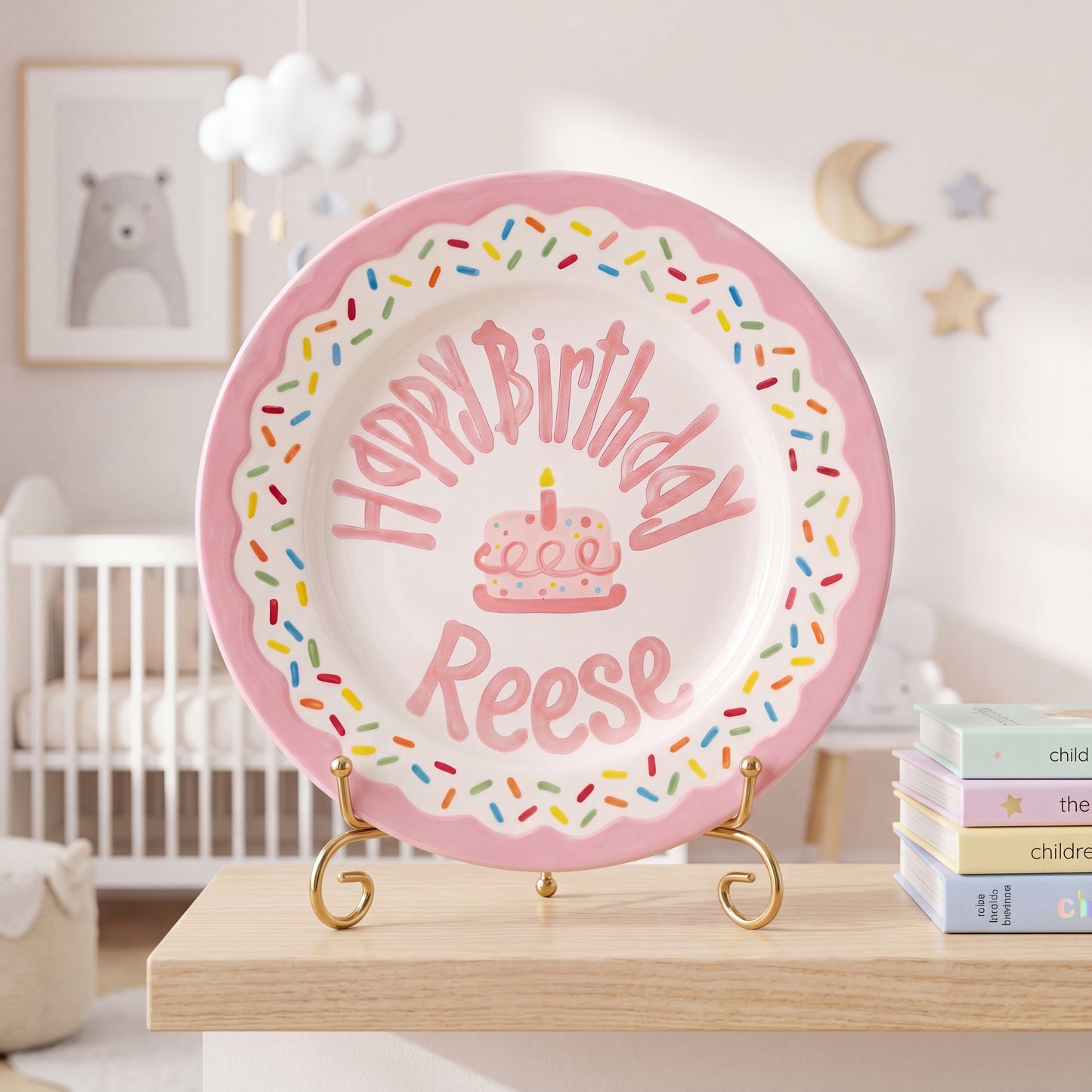 Personalized Birthday Plate – Pink Sprinkles & Cake Design | B061