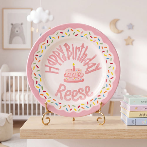 Personalized Birthday Plate – Pink Sprinkles & Cake Design | B061