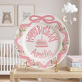 Custom Name Birthday Plate – Pink Ribbon Bow & Rose Cake Design | B060