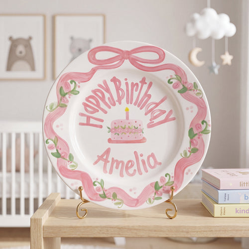 Personalized Birthday Plate – Pink Bow Floral Ribbon & Cake Design | B060