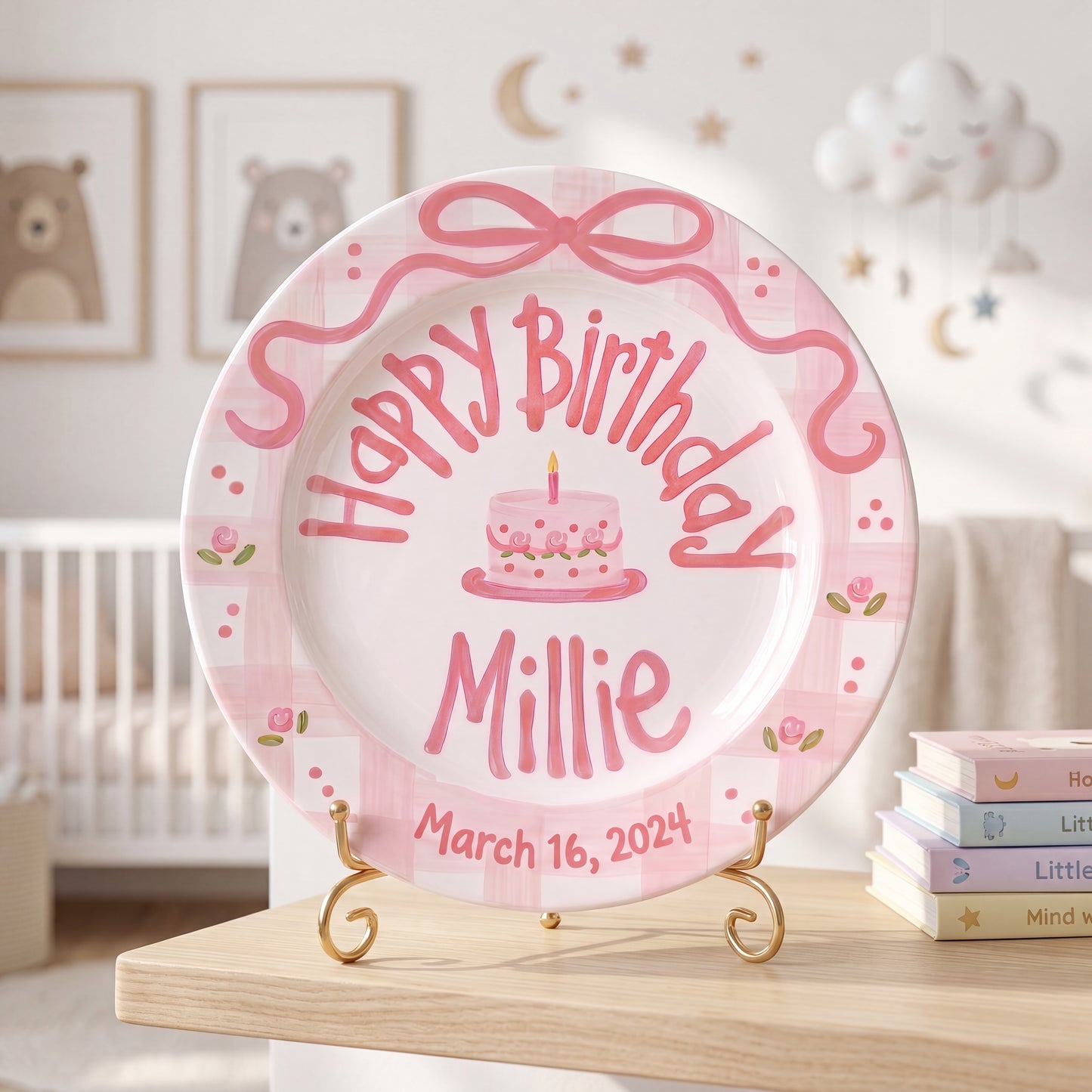 Personalized Birthday Plate – Pink Gingham Bow & Floral Cake Design | B059