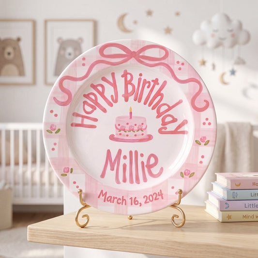 Personalized Birthday Plate – Pink Gingham Bow & Floral Cake Design | B059