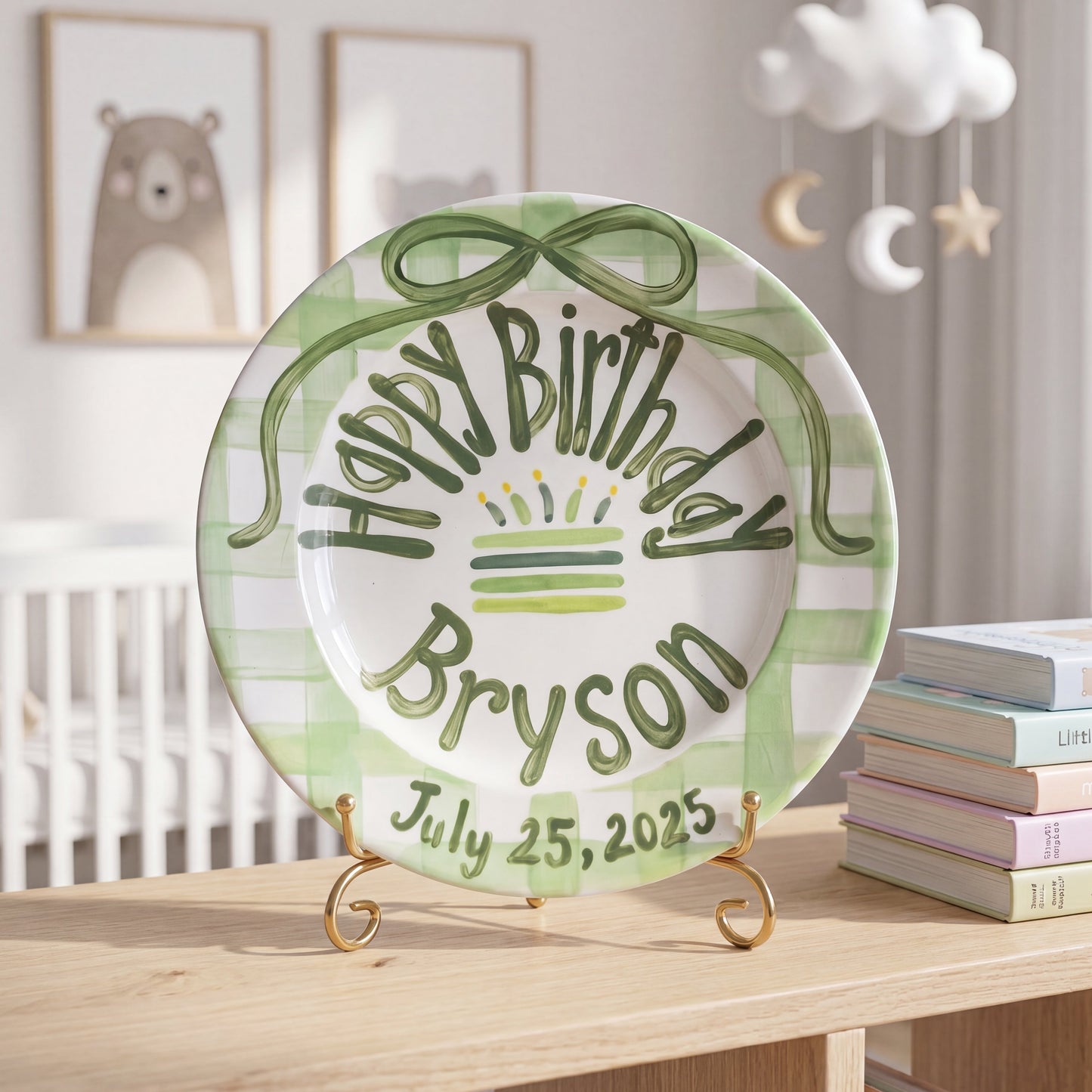 Personalized Birthday Plate – Green Gingham Bow & Cake Design | B058