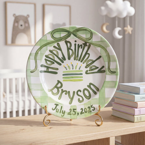 Personalized Birthday Plate – Green Gingham Bow & Cake Design | B058