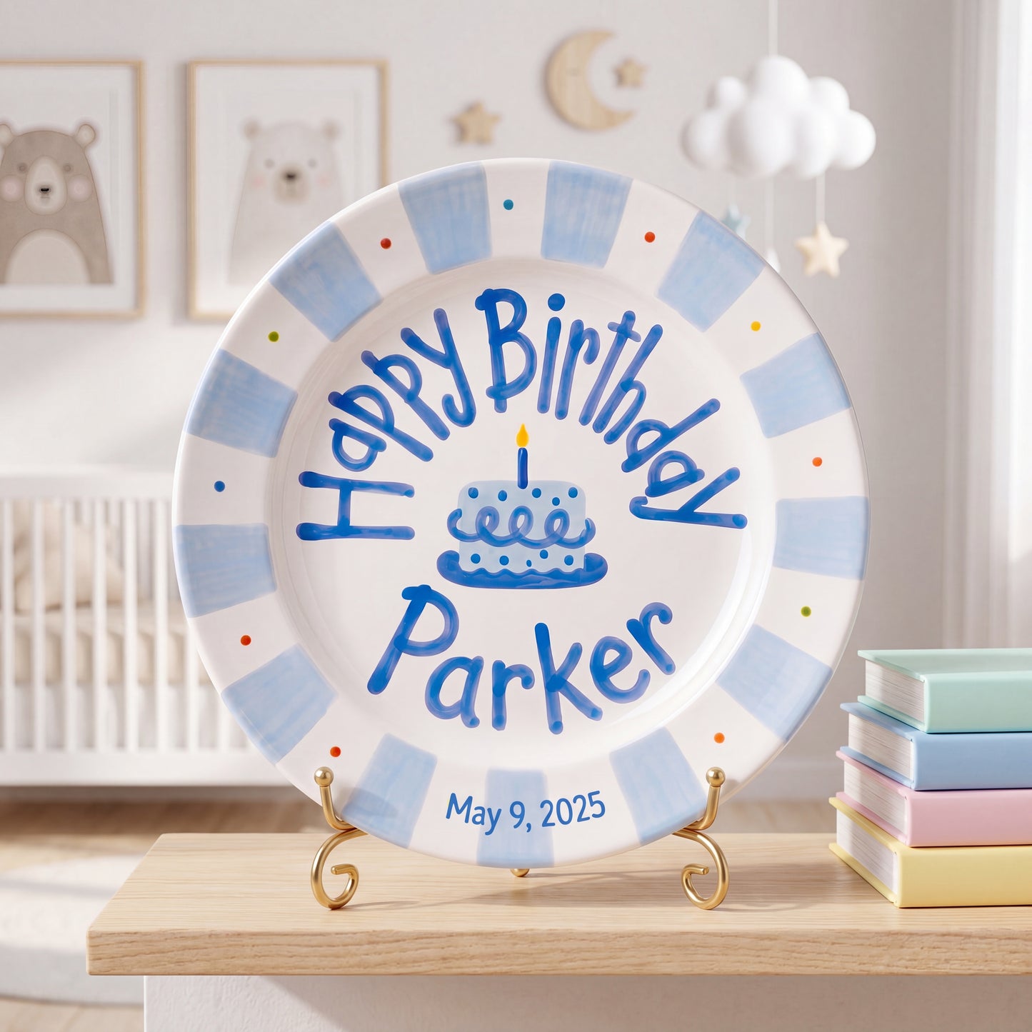Personalized Birthday Plate – Blue Striped Cake & Polka Dot Design | B057