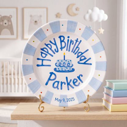 Personalized Birthday Plate – Blue Striped Cake & Polka Dot Design | B057