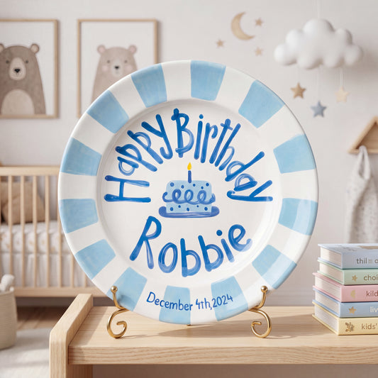 Personalized Birthday Plate – Blue Cake & Blue Striped Border Design | B056