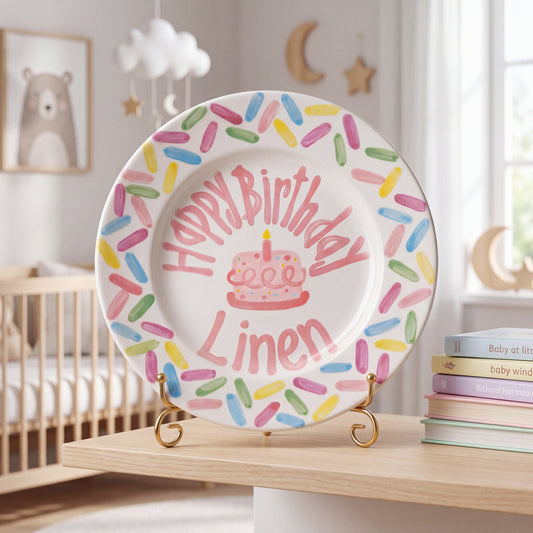 Personalized Birthday Plate – Pink Cake & Colorful Sprinkle Border Design | B055
