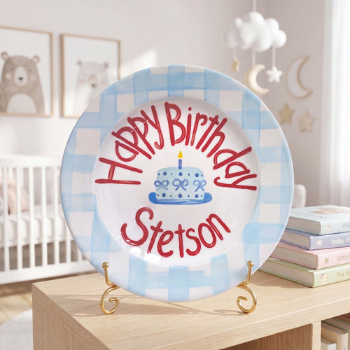 Personalized Birthday Plate – Blue Gingham Border & Blue Cake Design | B054
