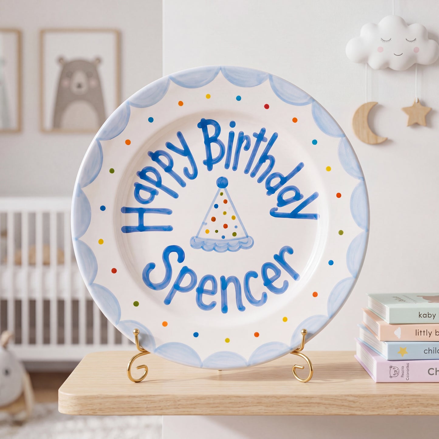 Personalized Birthday Plate – Polka Dot Party Hat & Blue Scalloped Border Design | B053