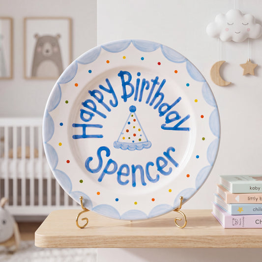 Personalized Birthday Plate – Polka Dot Party Hat & Blue Scalloped Border Design | B053