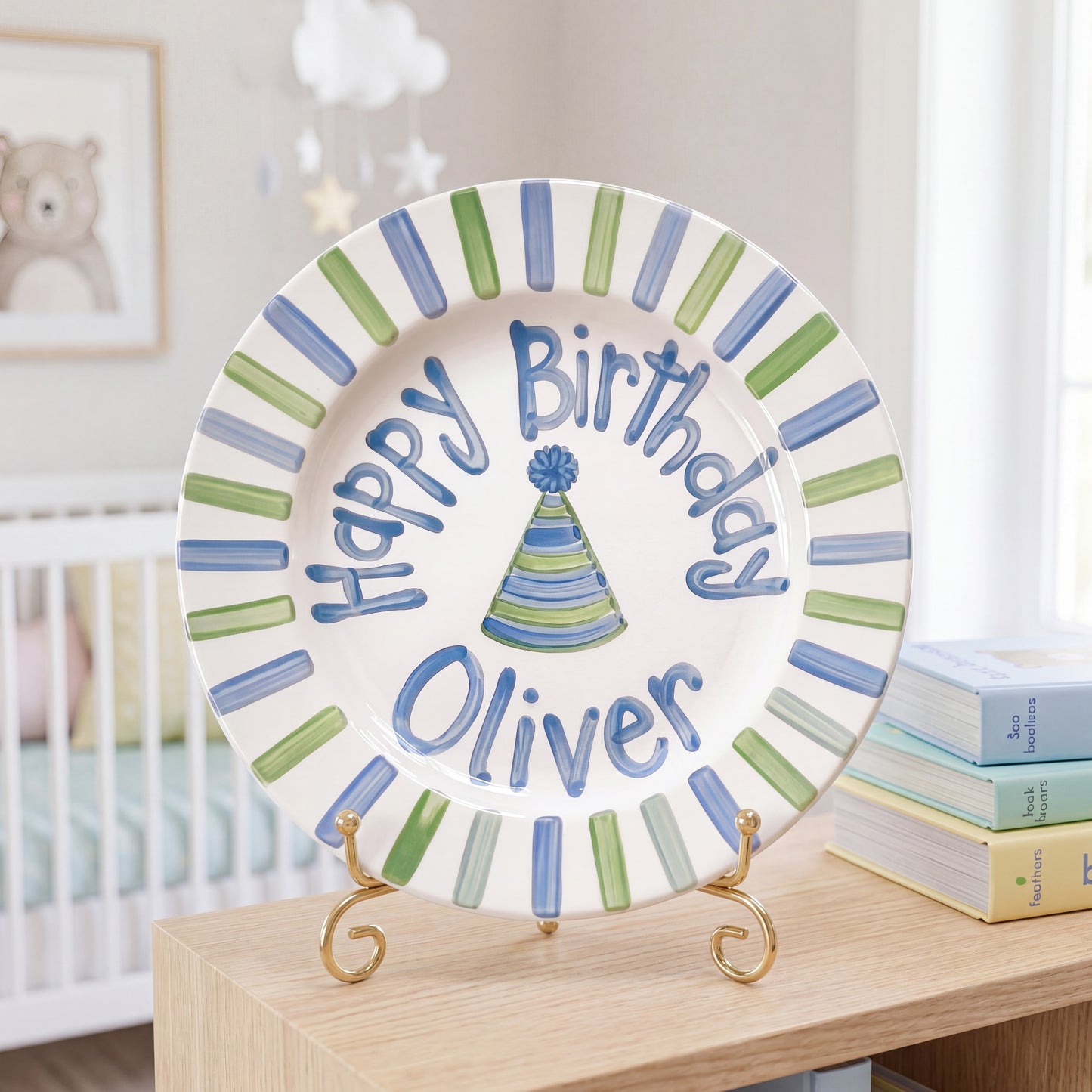 Personalized Birthday Plate – Blue and Green Striped Border & Party Hat Design | B048