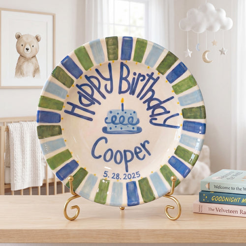 Personalized Birthday Plate – Blue Cake & Green Blue Striped Border Design | B049