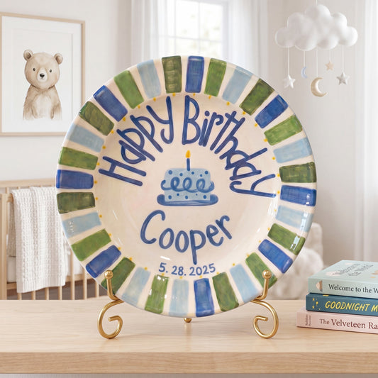 Personalized Birthday Plate – Blue Cake & Green Blue Striped Border Design | B049