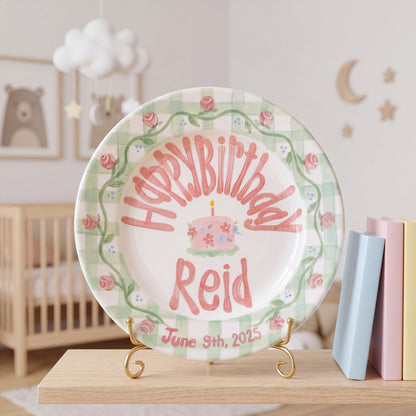 Personalized Birthday Plate – Green Gingham Rose Vine & Floral Cake Design | B047