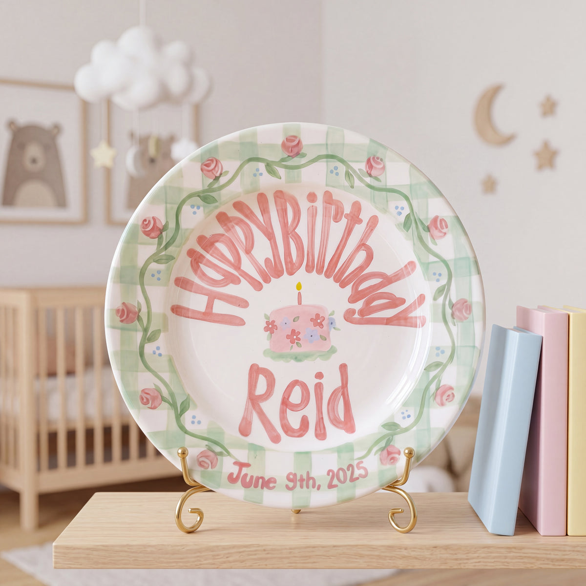 Custom Name Birthday Plate – Green Gingham Floral Cake Design | B047