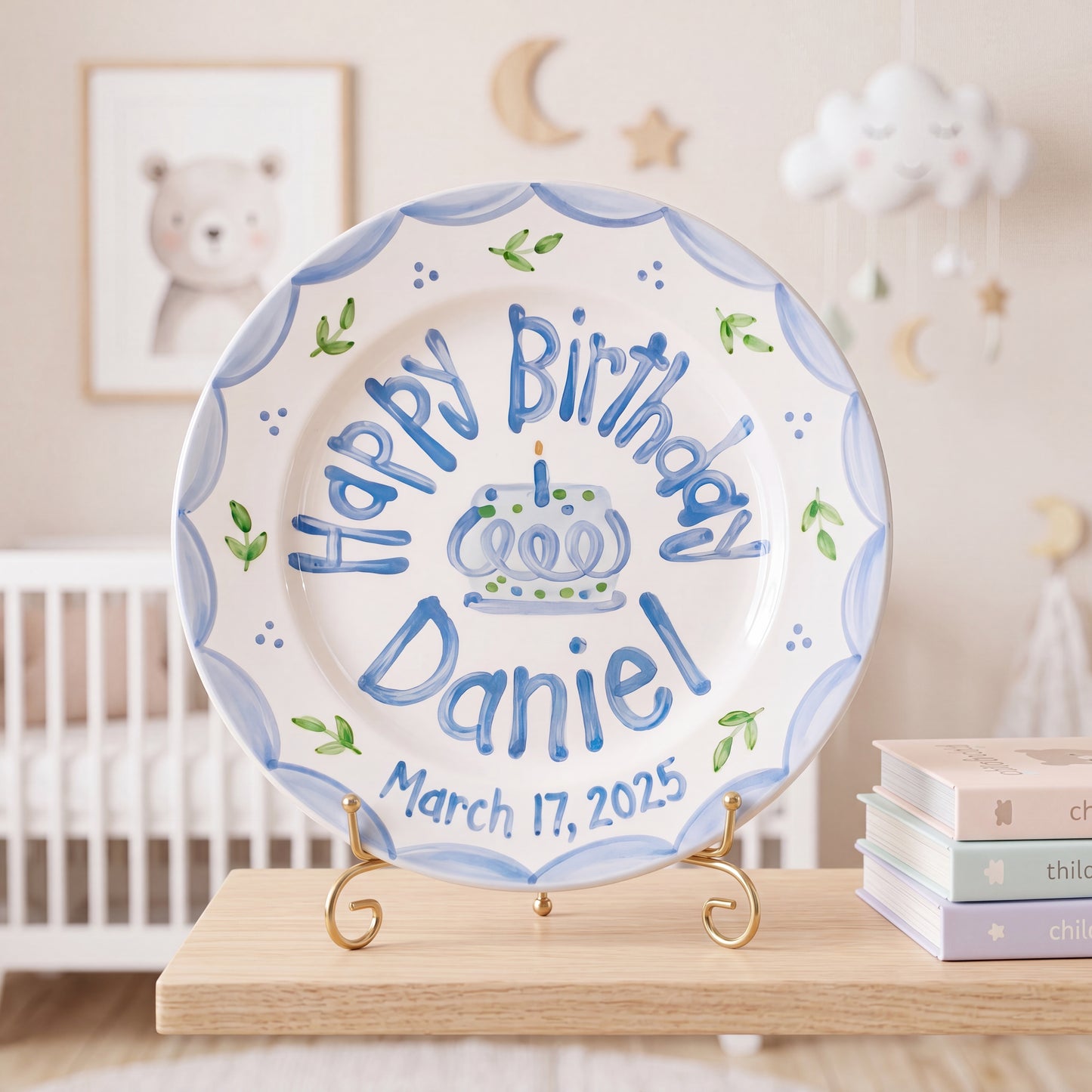 Personalized Birthday Plate – Blue Scalloped Border, Leaf Sprigs & Cake Design | B046