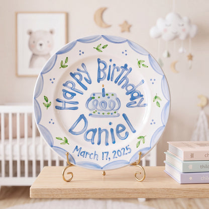 Personalized Birthday Plate – Blue Scalloped Border, Leaf Sprigs & Cake Design | B046