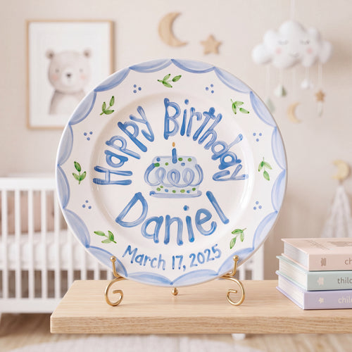 Personalized Birthday Plate – Blue Scalloped Border, Leaf Sprigs & Cake Design | B046