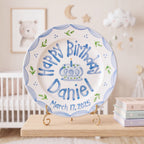Personalized Birthday Plate – Blue Scalloped Border, Leaf Sprigs & Cake Design | B046