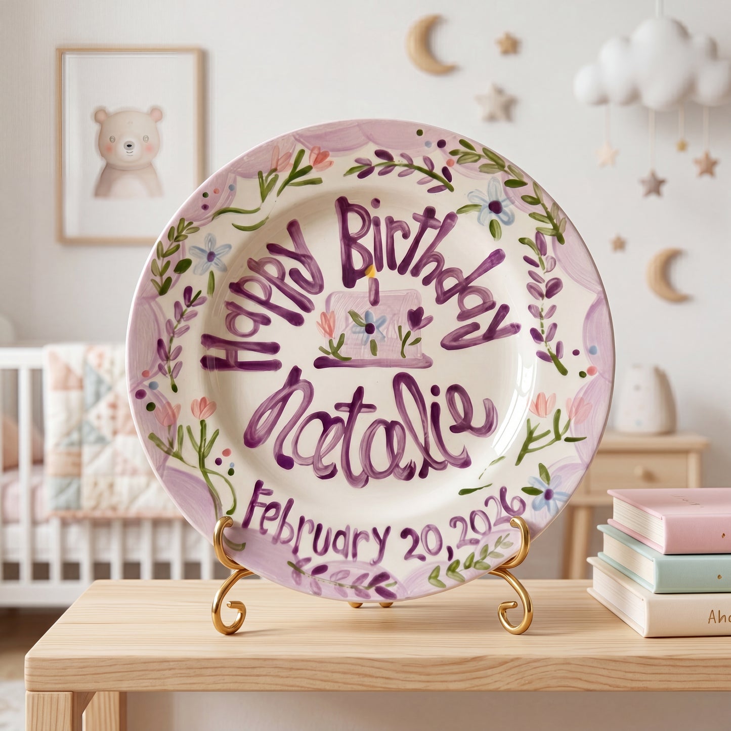 Custom Hand-Painted Birthday Plate Lavender Border Wildflowers, Heirloom Ceramic | BHL001