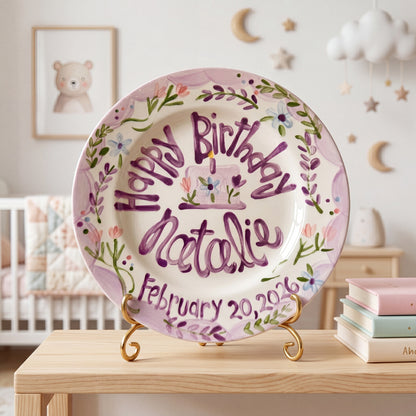 Custom Hand-Painted Birthday Plate Lavender Border Wildflowers, Heirloom Ceramic | BHL001