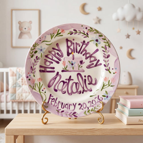 Custom Hand-Painted Birthday Plate Lavender Border Wildflowers, Heirloom Ceramic | BHL001