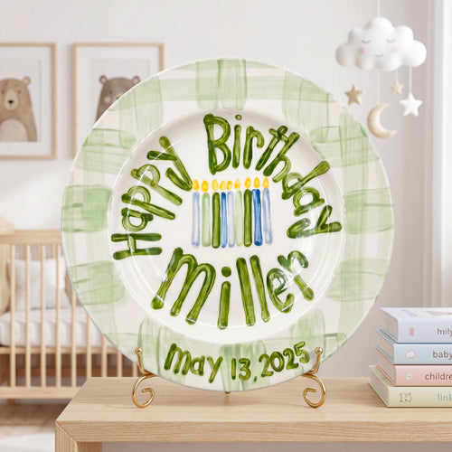 Personalized Birthday Plate Green Gingham Hand-Painted Ceramic | BHL003