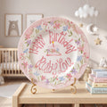 Custom Name Birthday Plate – Pink Floral Border & Flower Cake Design | BHL004