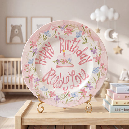 Personalized Handcrafted Ceramic Plate Heirloom Pink Border & Wildflowers | BHL004