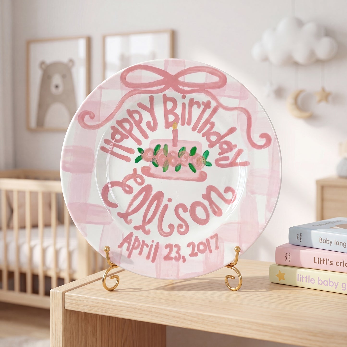 Personalized Birthday Plate – Pink Gingham Bow & Floral Cake Design | BHL006