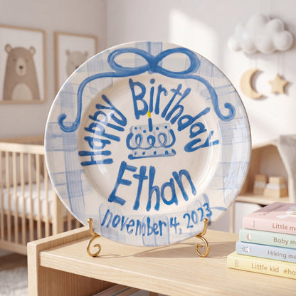Personalized Birthday Plate – Blue Gingham Bow & Blue Cake Design | BHL007