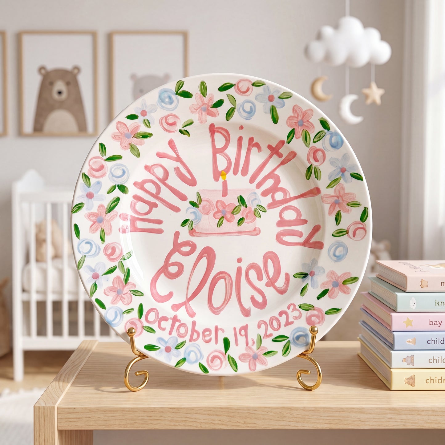 Personalized Birthday Plate – Pink Floral Cake & Garden Flower Border Design | BHL008
