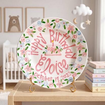 Personalized Birthday Plate – Pink Floral Cake & Garden Flower Border Design | BHL008