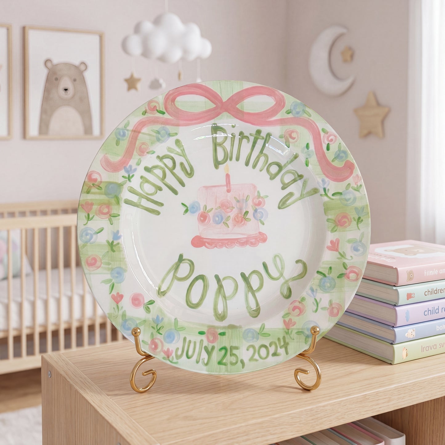Personalized Birthday Plate – Green Gingham Pink Bow & Floral Cake Design | BHL009