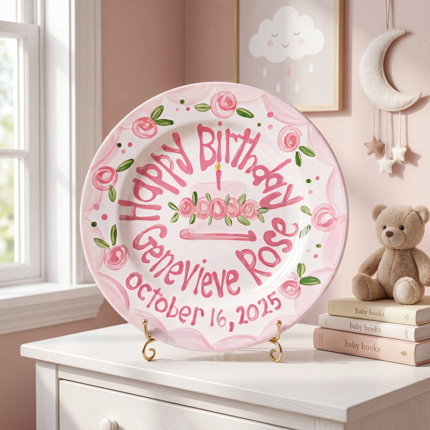 Personalized Birthday Plate – Pink Scalloped Rose Border & Cake Design | BHL011