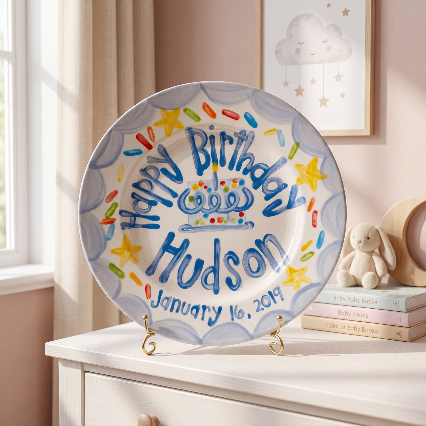 Personalized Birthday Plate – Blue Scalloped Border, Yellow Stars & Sprinkle Cake Design | BHL013
