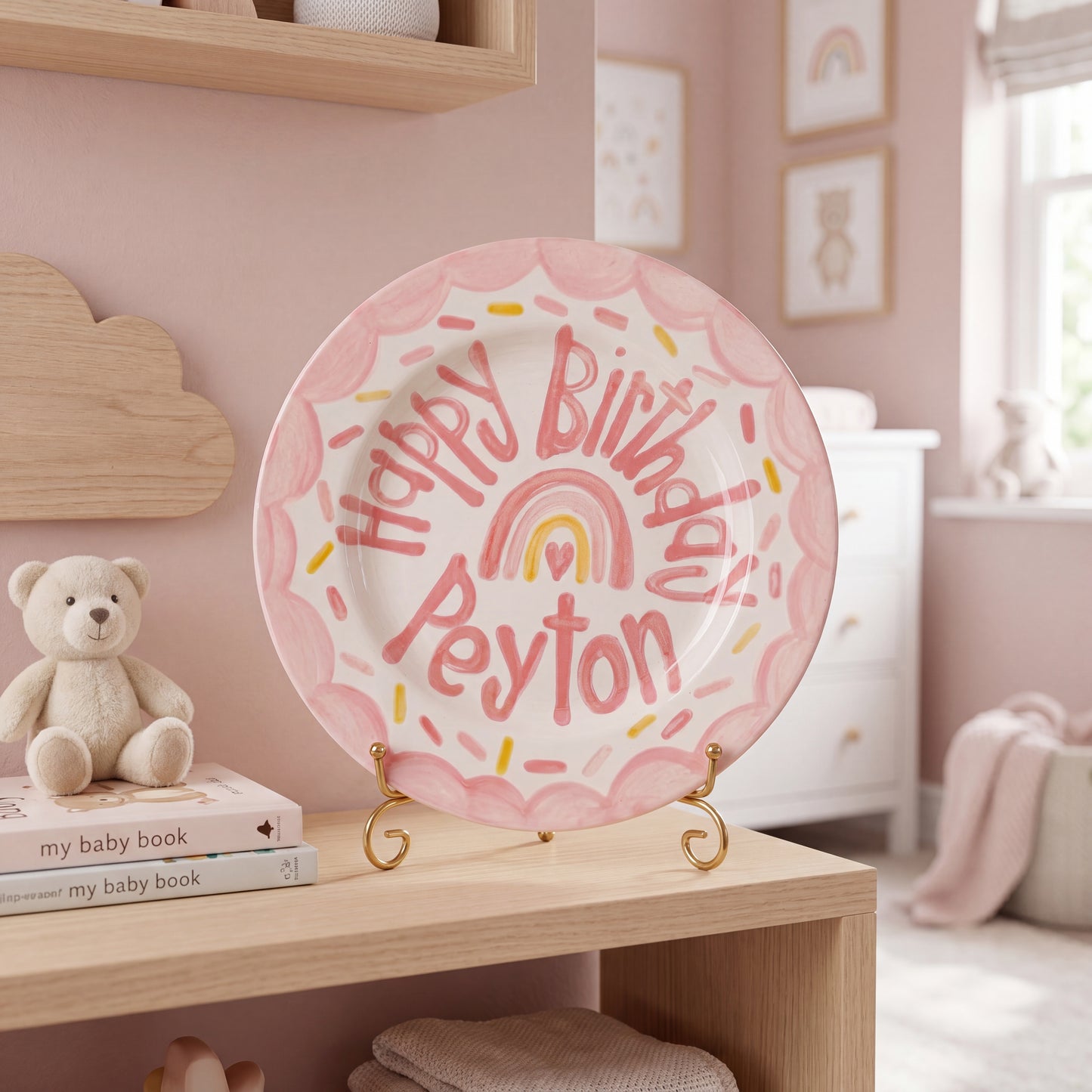 Personalized Birthday Plate – Pink Scalloped Border, Rainbow Heart & Sprinkles Design | BHL016