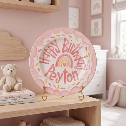 Personalized Birthday Plate – Pink Scalloped Border, Rainbow Heart & Sprinkles Design | BHL016