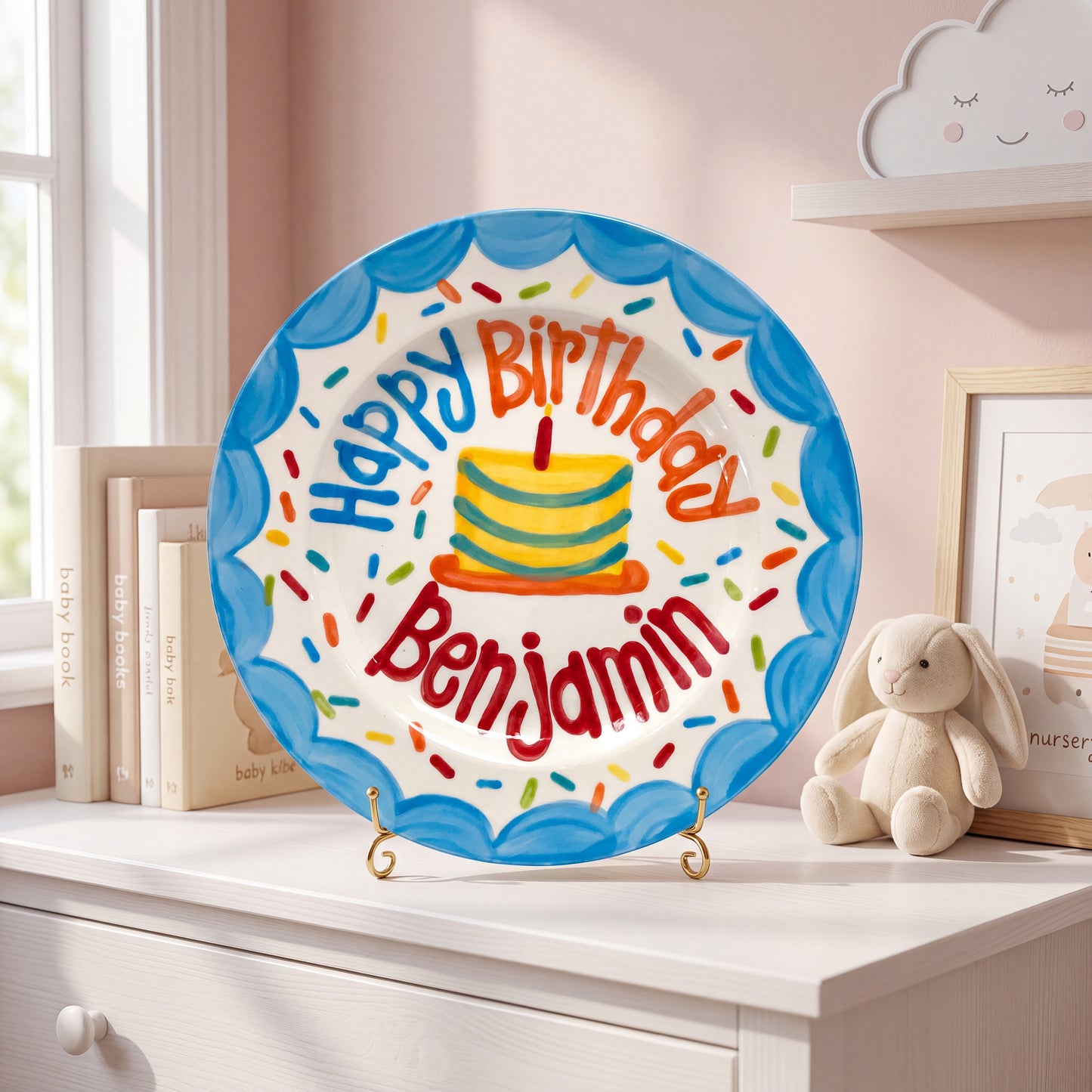 Personalized Birthday Plate – Blue Scalloped Border, Colorful Sprinkles & Striped Cake Design | BHL017