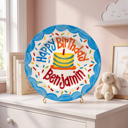 Personalized Birthday Plate – Blue Scalloped Border, Colorful Sprinkles & Striped Cake Design | BHL017
