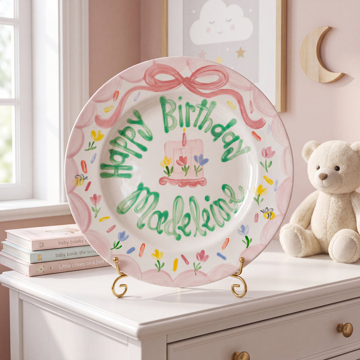 Custom Name Birthday Plate – Pink Scalloped Floral Border Design | BHL018