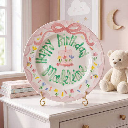 Personalized Birthday Plate – Pink Bow, Floral Cake & Bee Garden Border Design | BHL018