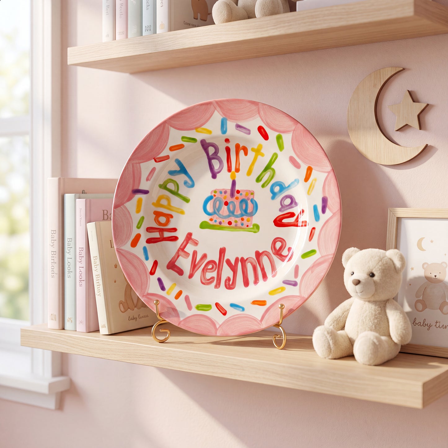 Personalized Birthday Plate – Pink Scalloped Border, Colorful Sprinkles & Polka Dot Cake Design | BHL019